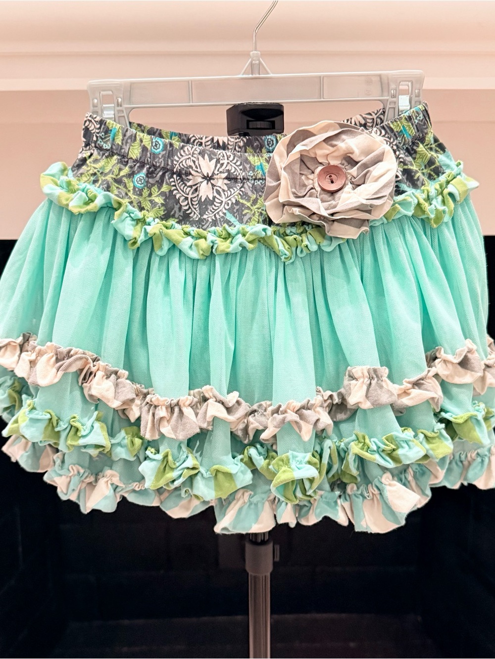 Mustard Pie Aqua Tiered Ruffle Skirt with Floral Waistband- Girls 6
